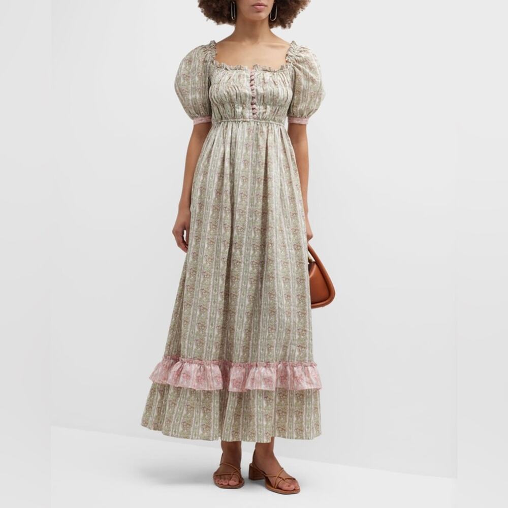 Lug von Siga Elisa Smocked Peasant Style Linen Dress Green/Pink US 6 NWT